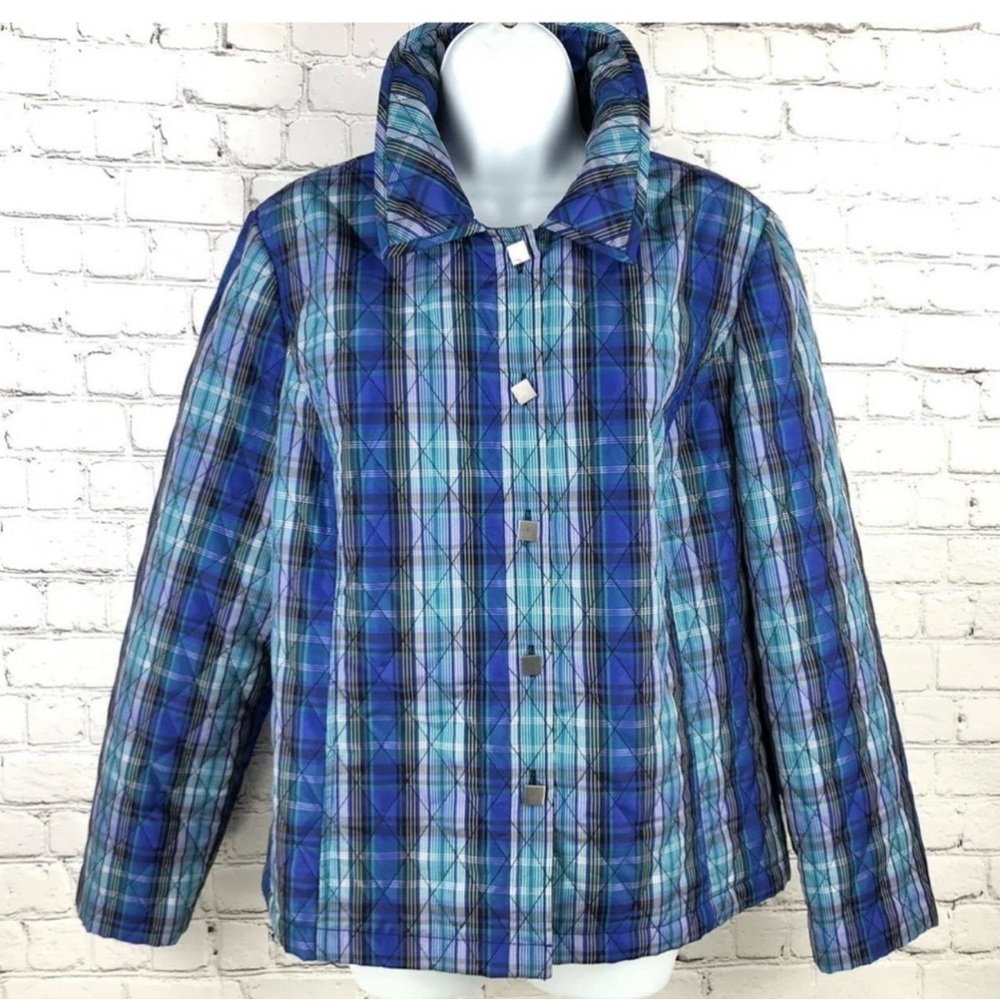 Blue Plaid Quilted Jacket Lightweight Puffer Coat Winter Layer Preppy Outerwear